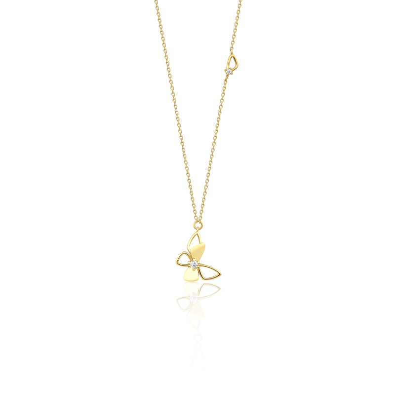 yellow gold stylized butterfly pendant necklace on white background