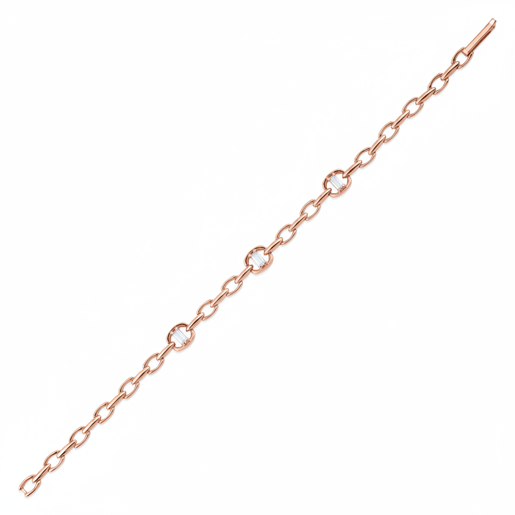 rose gold open-link bracelet with baguette-cut stones on white background