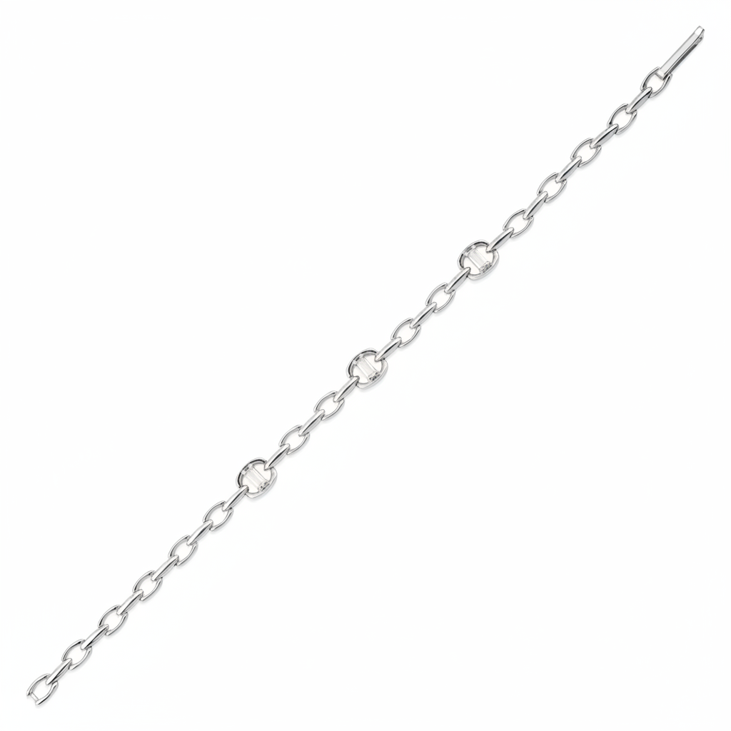 white gold open-link bracelet with baguette-cut stones on white background