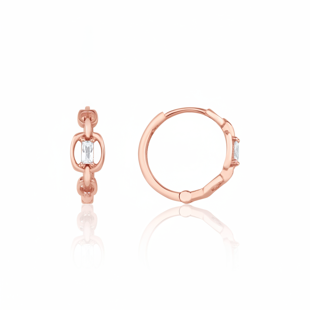 rose gold chain-link huggie hoop earrings with baguette stone on white background