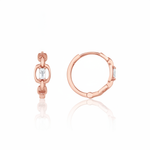 rose gold chain-link huggie hoop earrings with baguette stone on white background