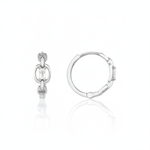 white gold chain-link huggie hoop earrings with baguette stone on white background