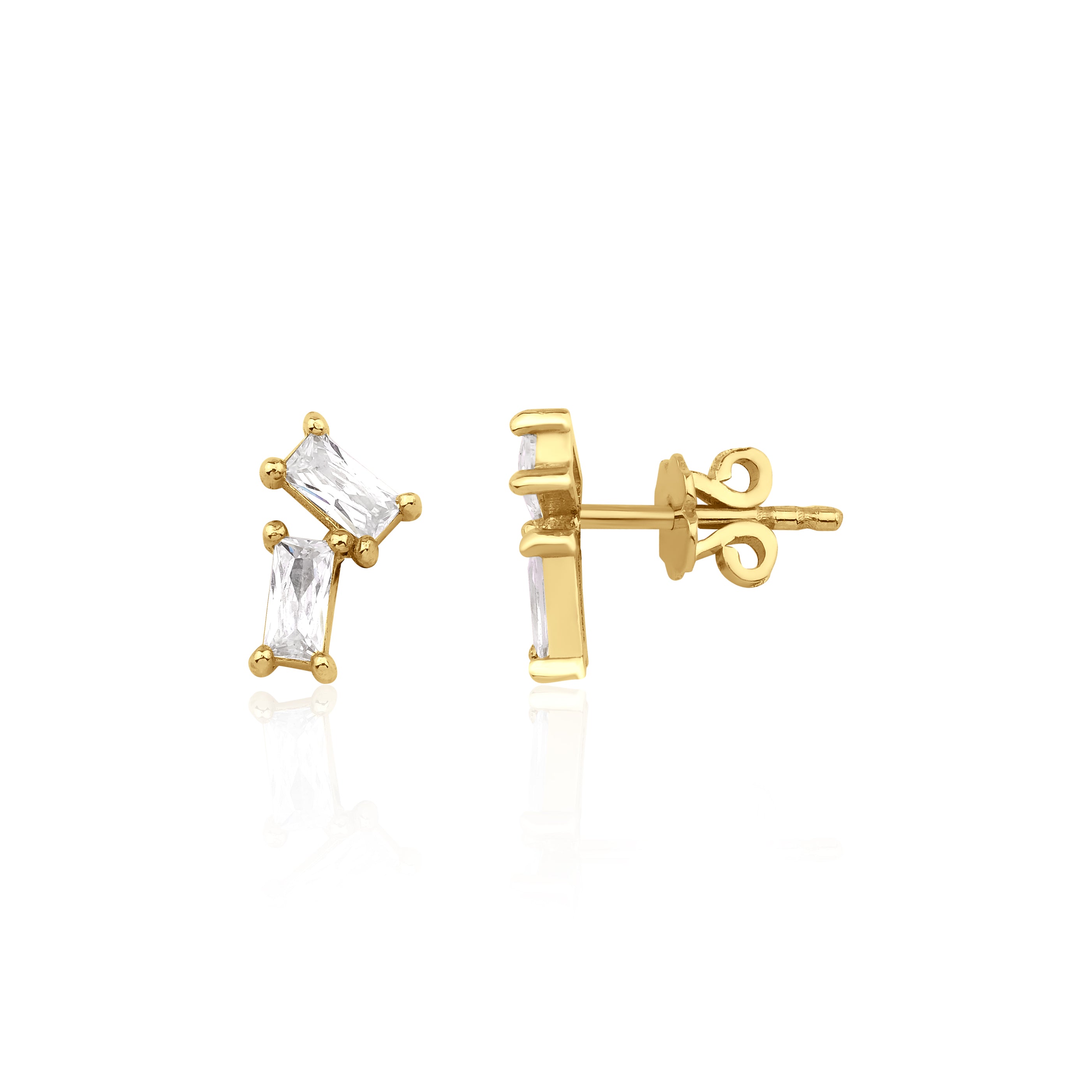 yellow gold baguette stud earrings on white background