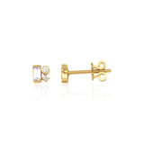 yellow gold baguette and round accent stud earrings on white background