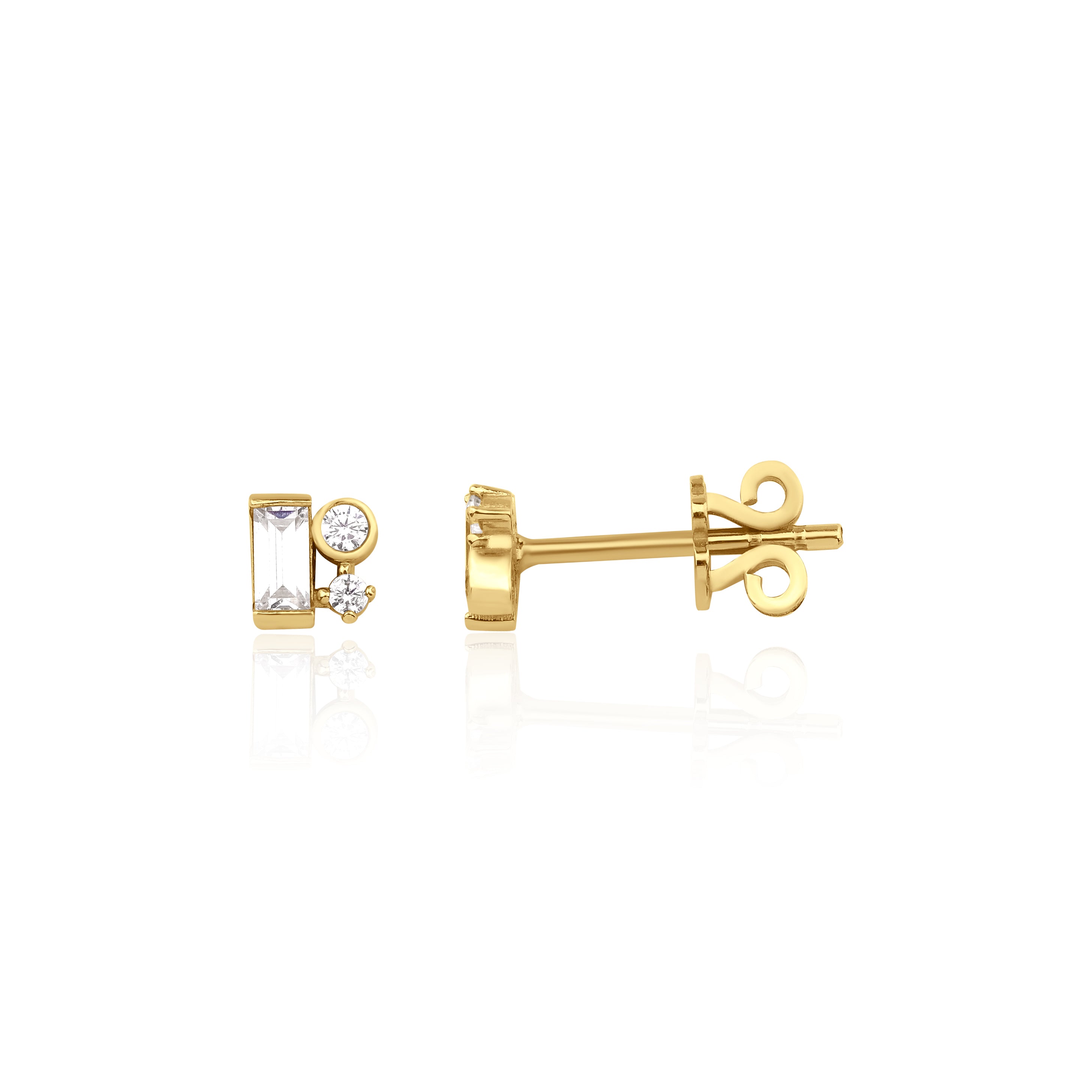 yellow gold baguette and round accent stud earrings on white background