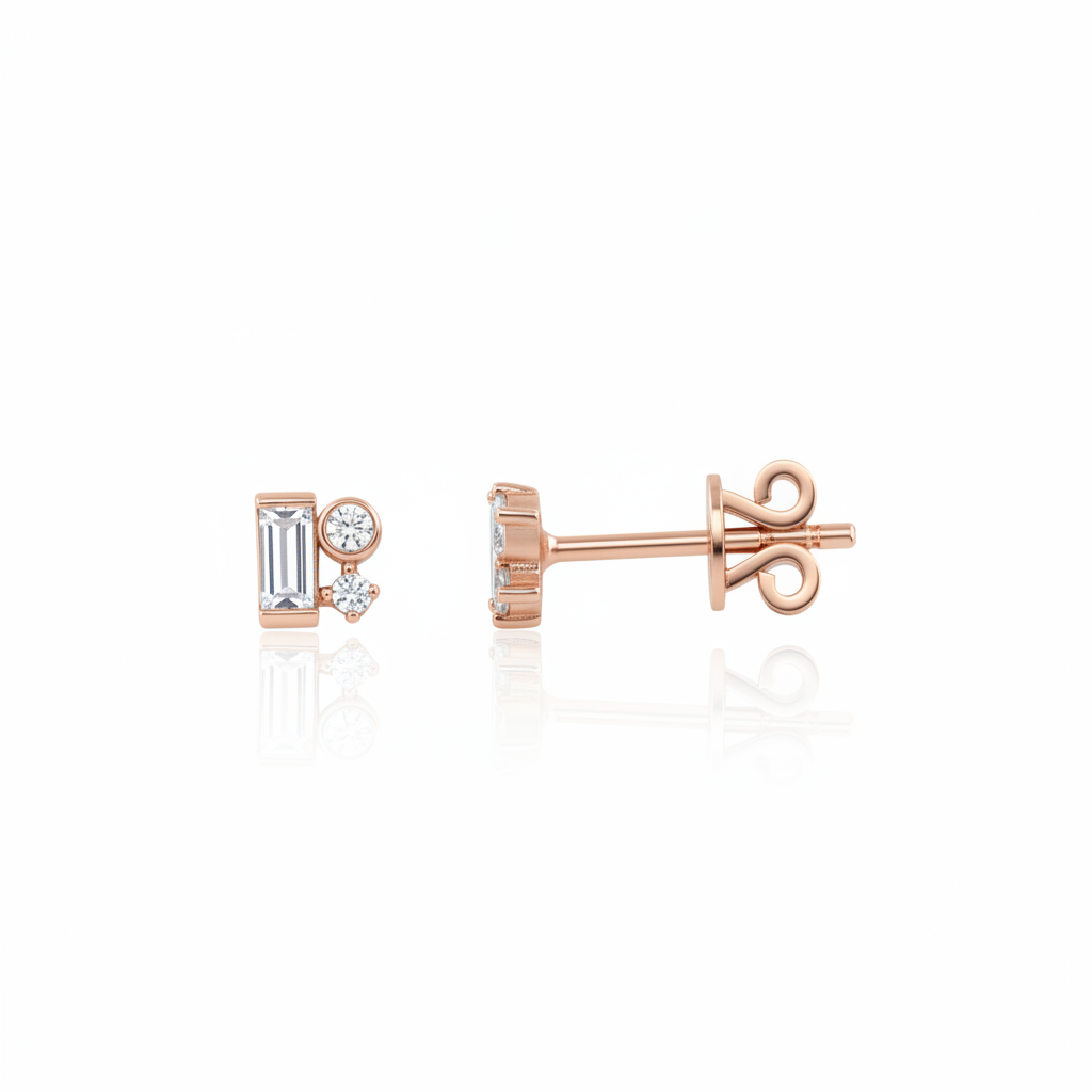 rose gold baguette and round accent stud earrings on white background