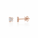 rose gold baguette and round accent stud earrings on white background