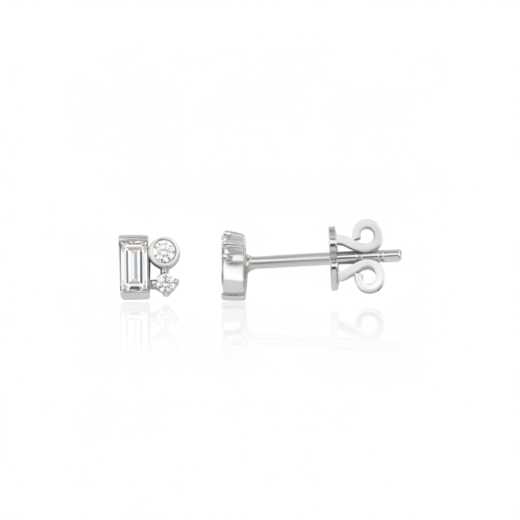 white gold baguette and round accent stud earrings on white background