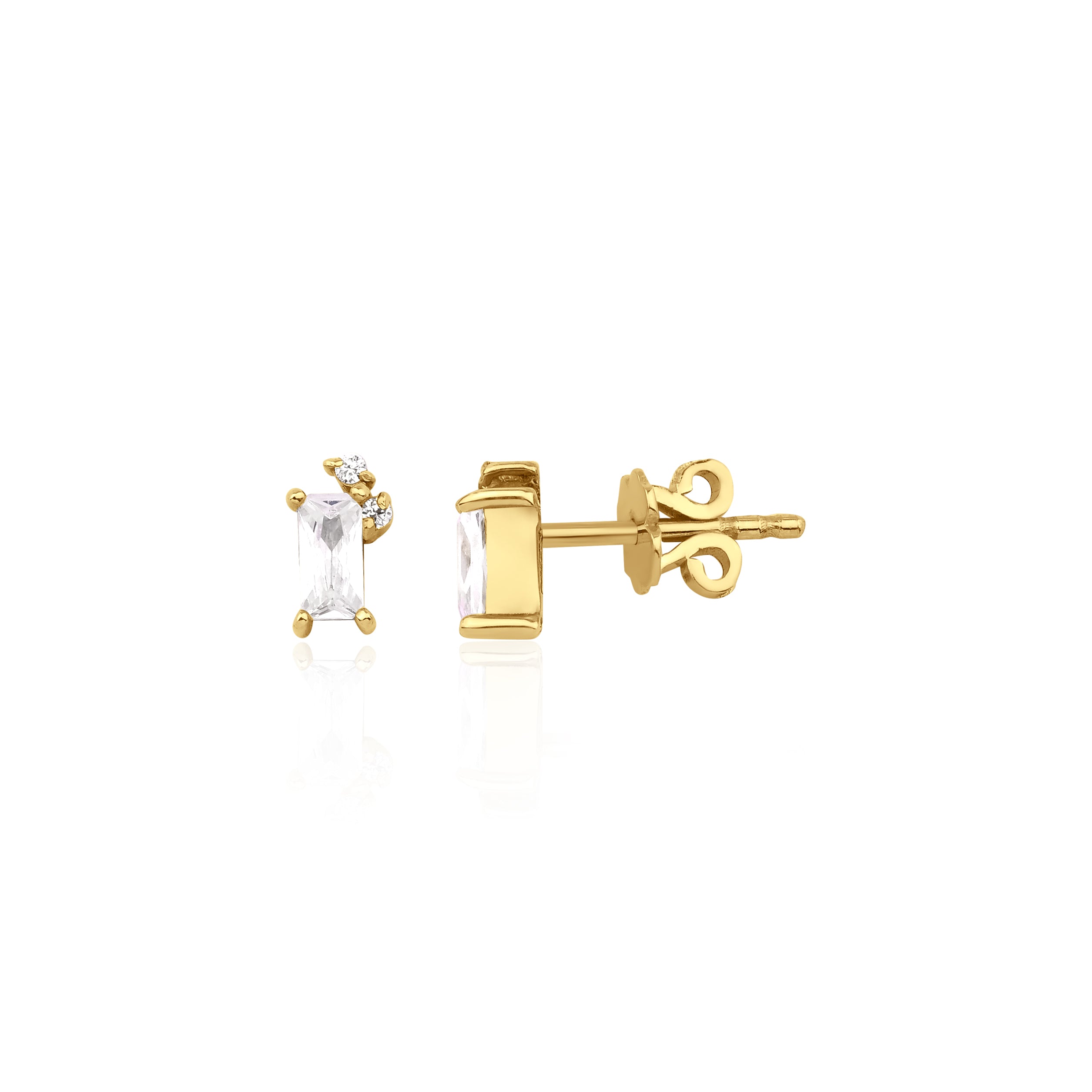 yellow gold baguette stud earrings with accent cluster on white background