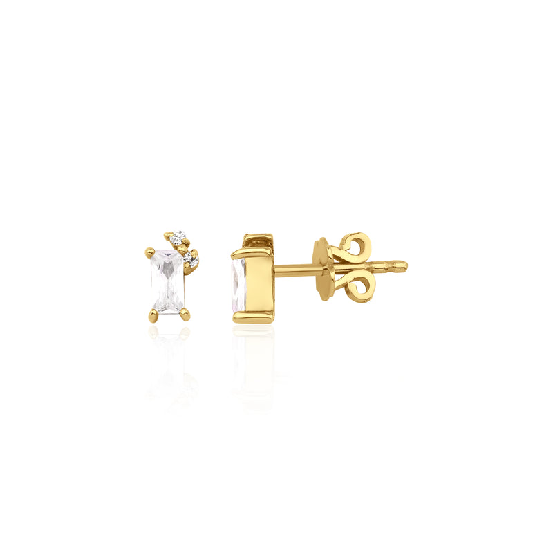 yellow gold baguette stud earrings with accent cluster on white background