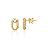 yellow gold granulated link stud earrings with baguette stone on white background