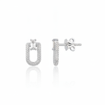 white gold granulated link stud earrings with baguette stone on white background