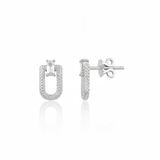 white gold granulated link stud earrings with baguette stone on white background
