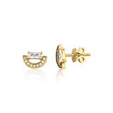 yellow gold crescent stud earrings with baguette stone on white background