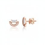 rose gold crescent stud earrings with baguette stone on white background