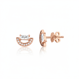 rose gold crescent stud earrings with baguette stone on white background