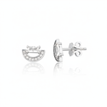 white gold crescent stud earrings with baguette stone on white background