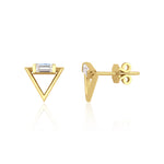 yellow gold triangle stud earrings with baguette stone on white background