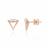 rose gold triangle stud earrings with baguette stone on white background