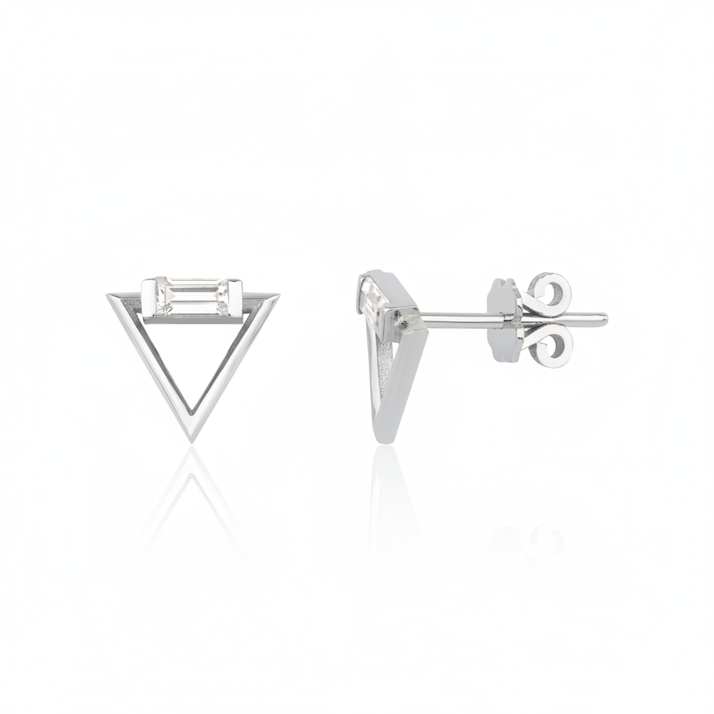 white gold triangle stud earrings with baguette stone on white background