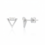 white gold triangle stud earrings with baguette stone on white background