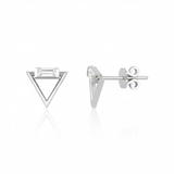 white gold triangle stud earrings with baguette stone on white background