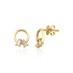 yellow gold open circle stud earrings with baguette stones on white background