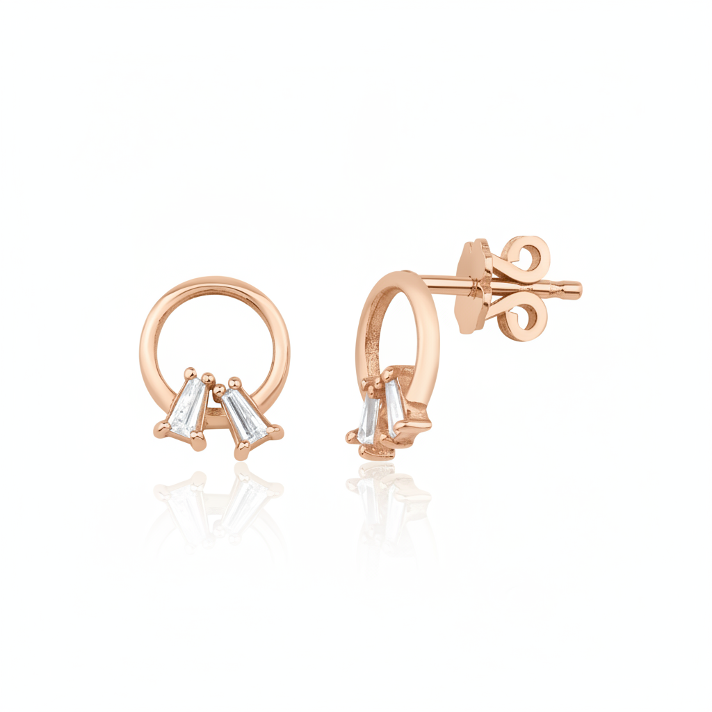 rose gold open circle stud earrings with baguette stones on white background