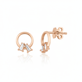 rose gold open circle stud earrings with baguette stones on white background