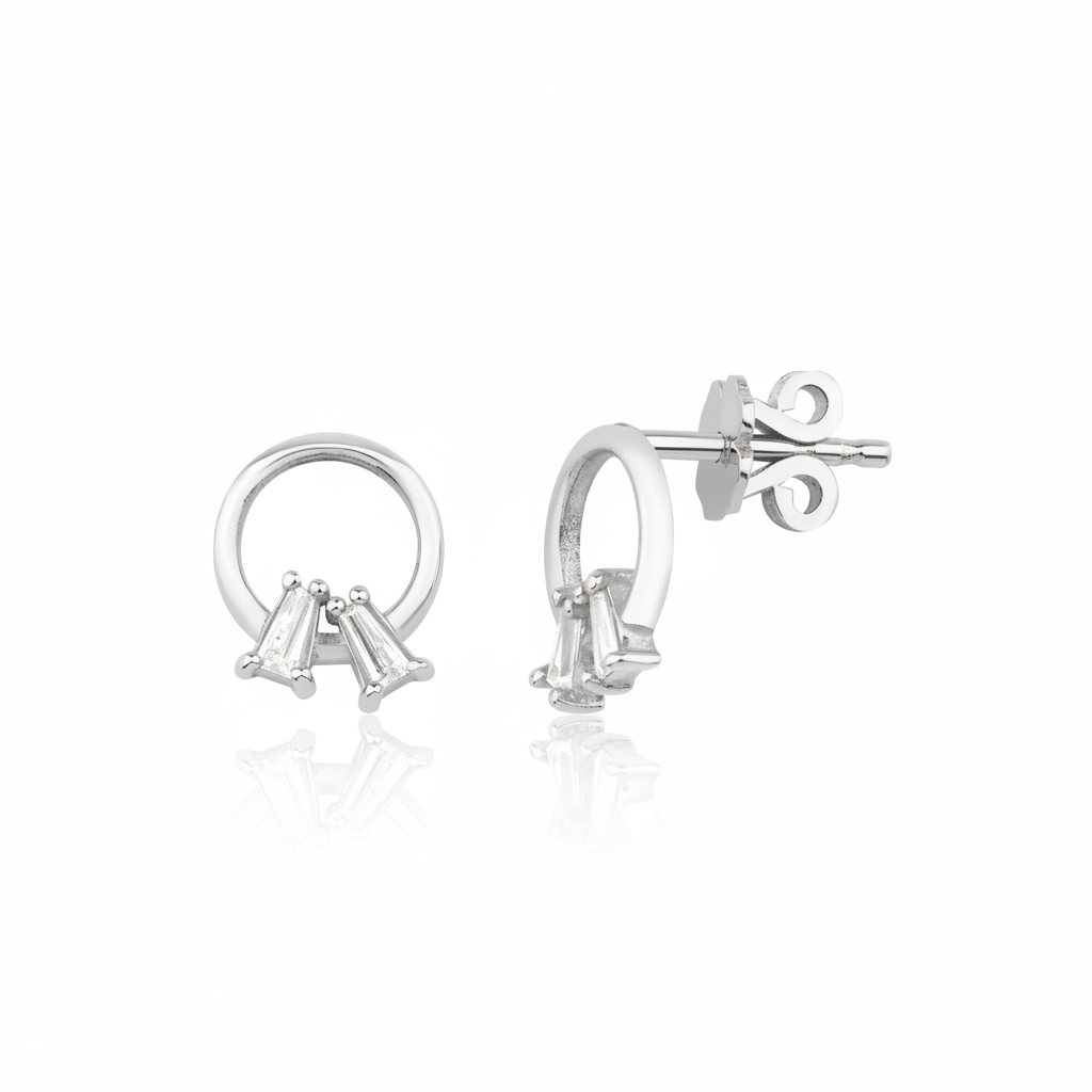 white gold open circle stud earrings with baguette stones on white background