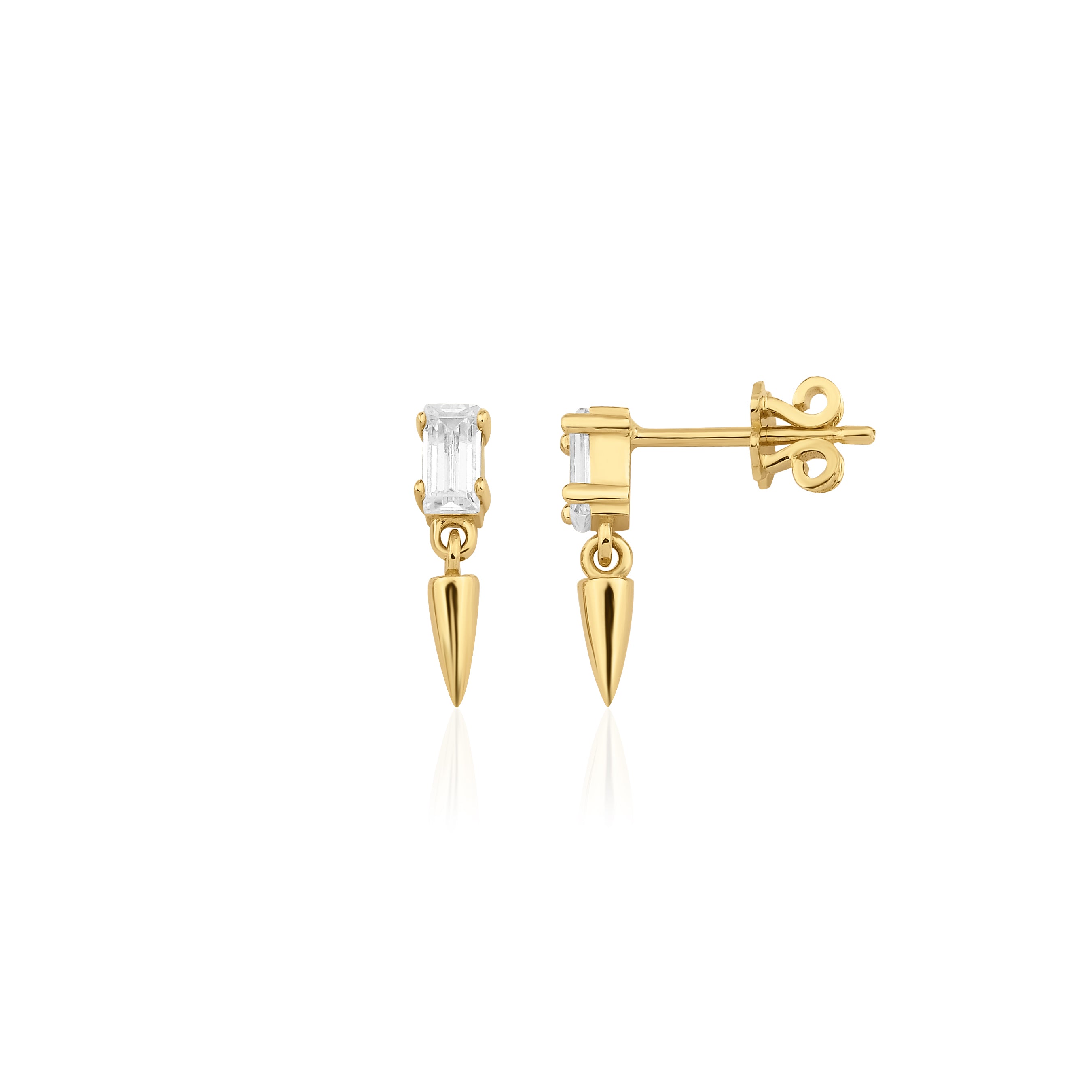 yellow gold baguette stud earrings with spike drop on white background