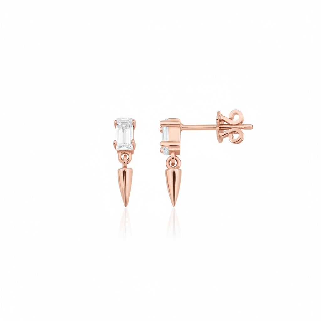 rose gold baguette stud earrings with spike drop on white background