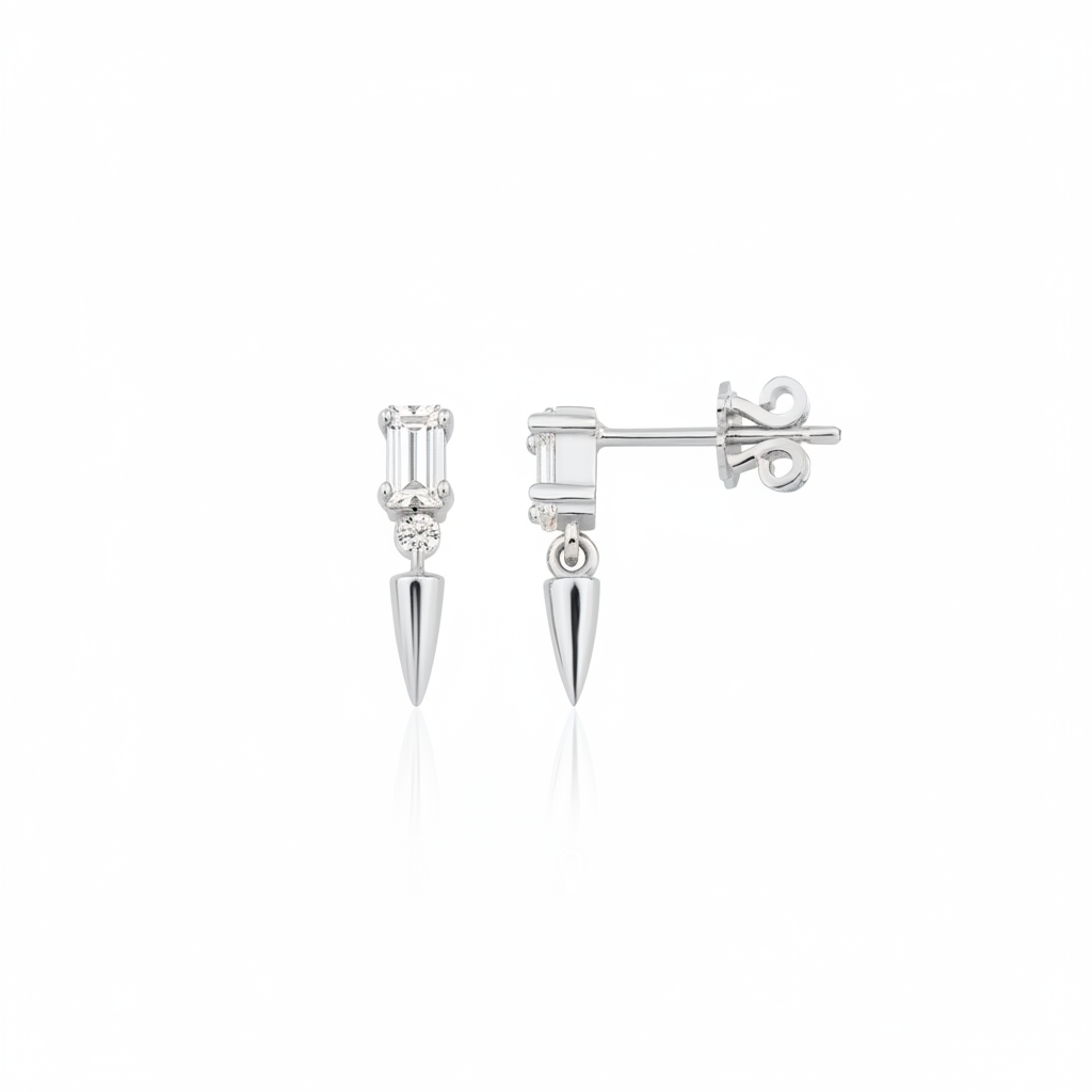 white gold baguette stud earrings with spike drop on white background