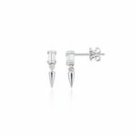 white gold baguette stud earrings with spike drop on white background