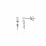 white gold baguette stud earrings with spike drop on white background