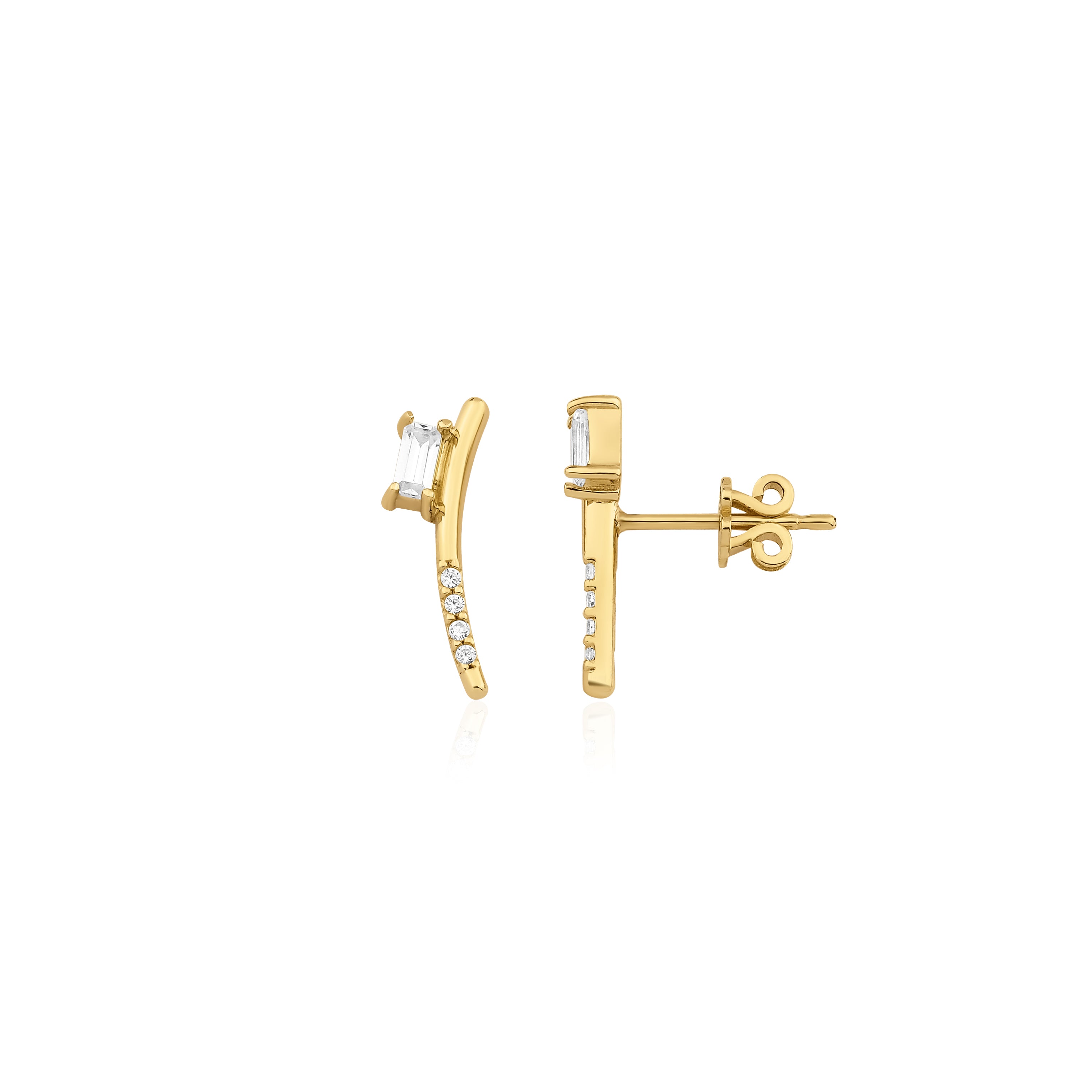 yellow gold curved baguette stud earrings on white background