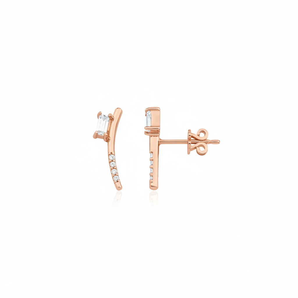 rose gold curved baguette stud earrings on white background