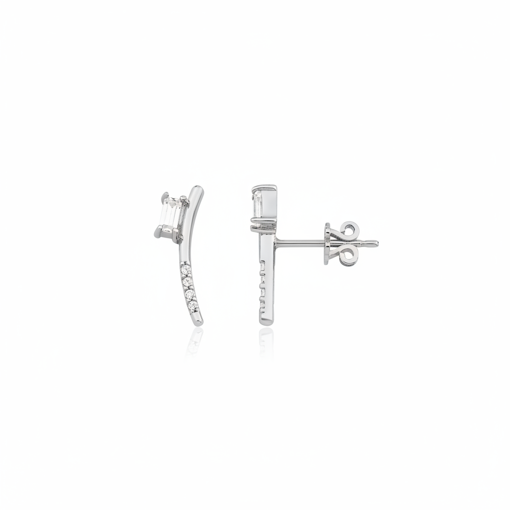 white gold curved baguette stud earrings on white background