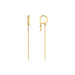 yellow gold huggie hoop earrings with baguette stone and beaded chain drop on white background