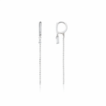 white gold huggie hoop earrings with baguette stone and beaded chain drop on white background