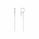 white gold huggie hoop earrings with baguette stone and beaded chain drop on white background