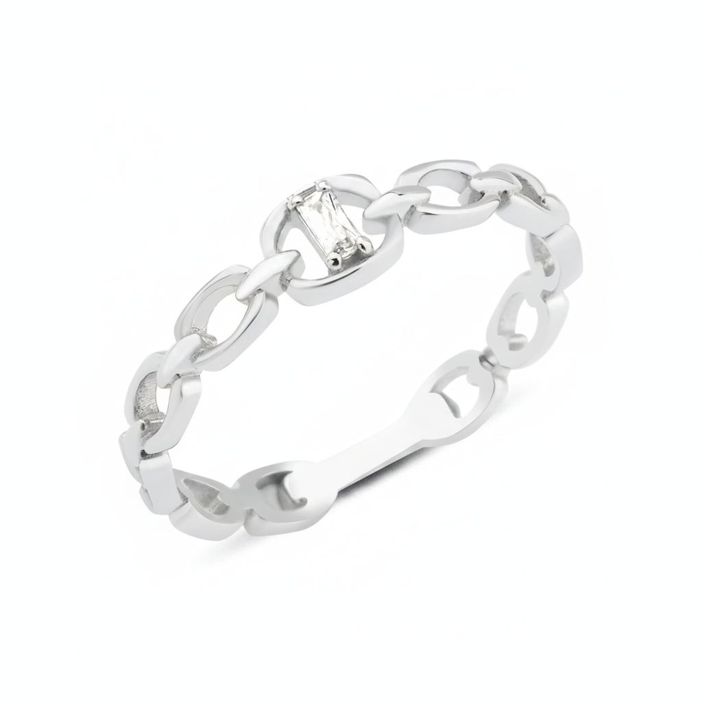 white gold chain-link ring with baguette stone on white background