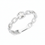 white gold chain-link ring with baguette stone on white background