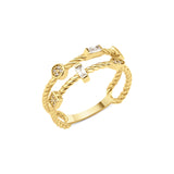 yellow gold twisted double-band ring with baguette stones on white background