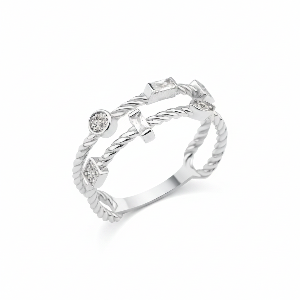 white gold twisted double-band ring with baguette stones on white background