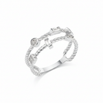 white gold twisted double-band ring with baguette stones on white background