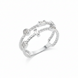 white gold twisted double-band ring with baguette stones on white background