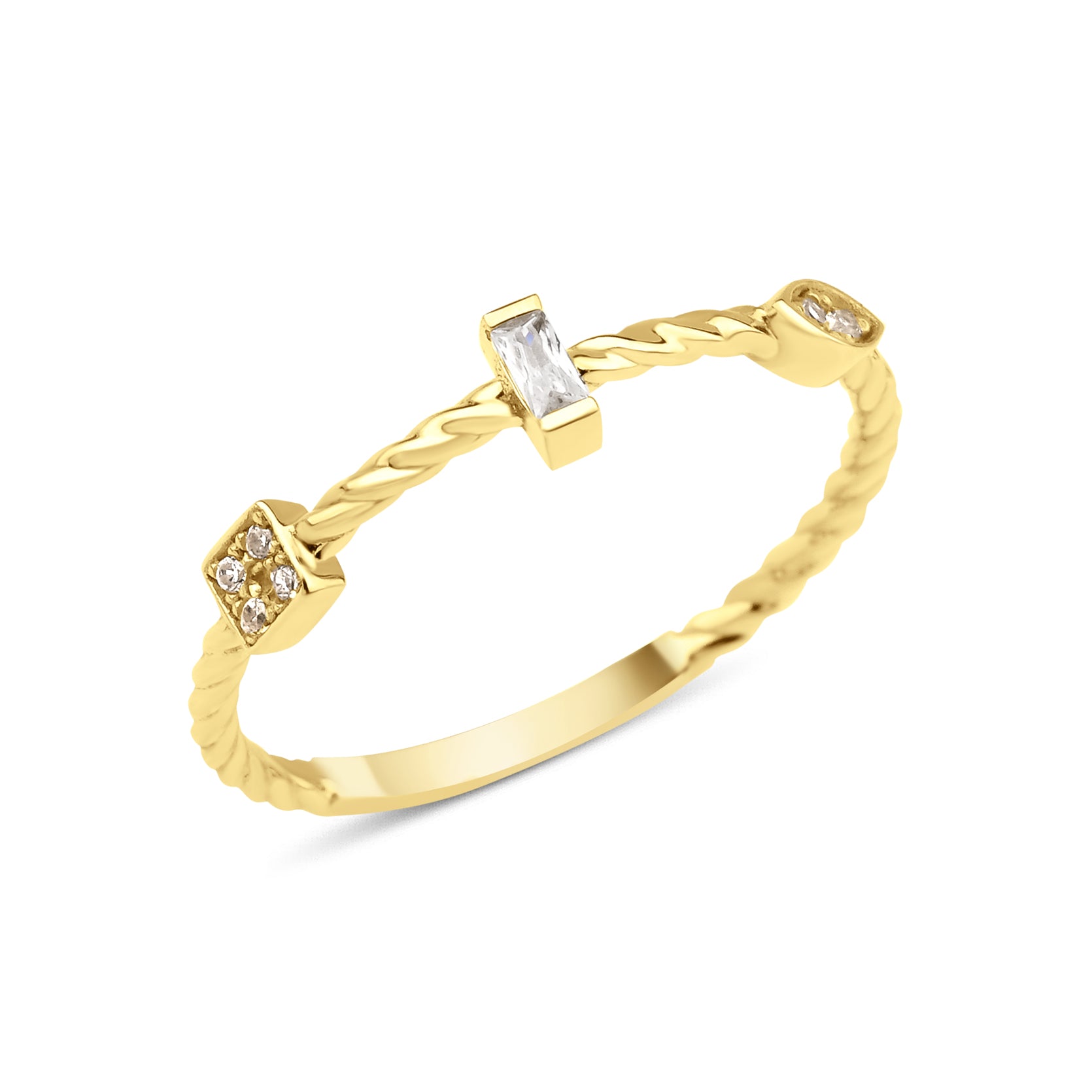 yellow gold twisted ring with baguette and square cluster stones on white background