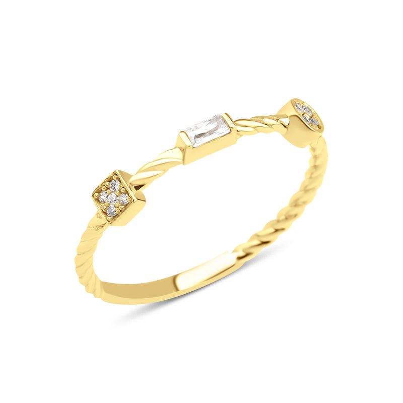 yellow gold twisted ring with square, baguette, and bezel stones on white background