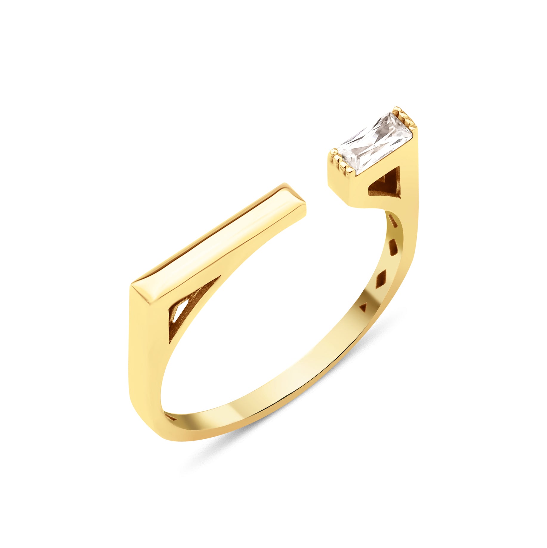 yellow gold open ring with polished bar and baguette stone on white background